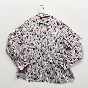 Foxcroft NYC Wom + 18 Shaped Button Up Shirt Shaped Wrinkle Free Sail Boat AOP